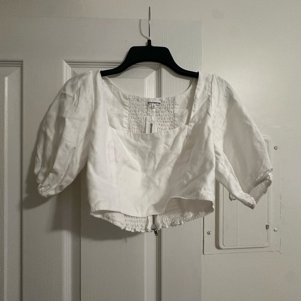 Reformation White Puff-Sleeve Cropped Blouse